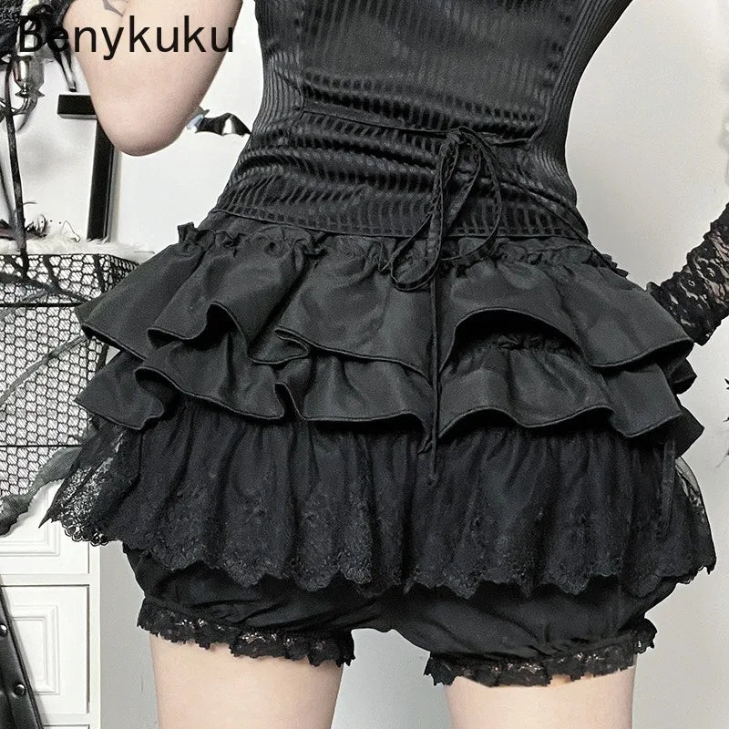 Gothic Punk Girls Kawaii High Waist Shorts Skirts Lolita Vintage Lace Ruffles Shorts Y2k E-girl Black Women Pumpkin Bloomers