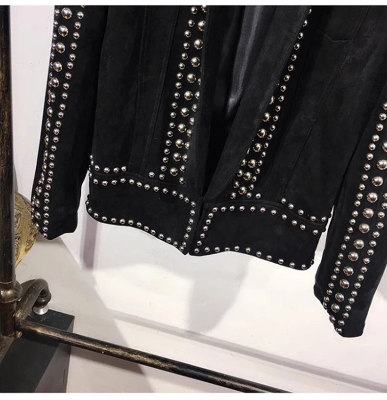 Mauroicardi Spring Autumn Cool Studded Short Black Faux Suede Leather Jacket Men Luxury Designer Emo Night Club Wear Clothes