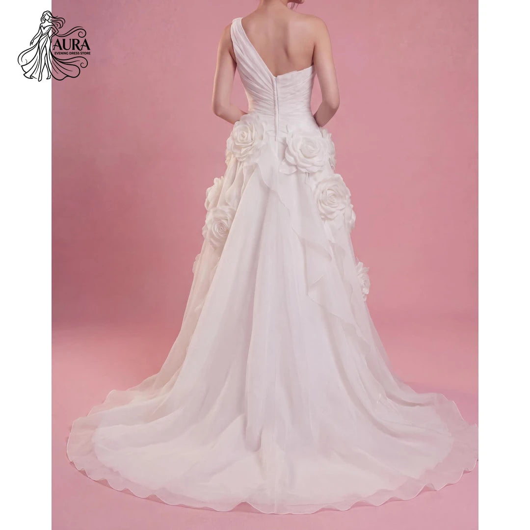 Aura Wedding Evening Dress White Chiffon Slit Luxury Elegant Party Dresses for Wedding Woman Customized Line A 3D Flowers Prom