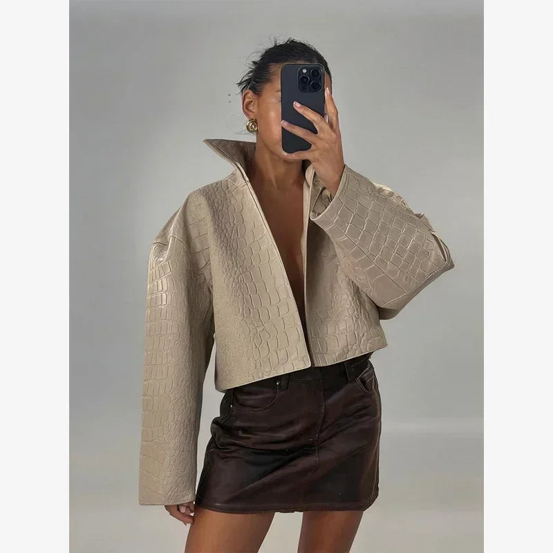 Women Cropped Faux Croc Leather Jacket Loose Solid Fashion Stand Collar Outerwear 2026 Autumn Street Winter Casual Party Coats