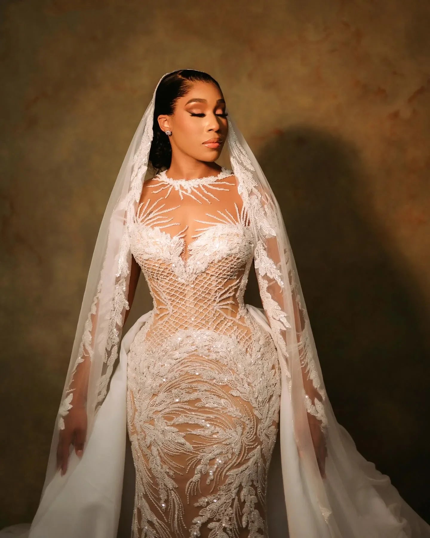 Customized Luxury Africa Aso Ebi Plus Size Illusion Mermaid Ivory Wedding Dress Beaded Sequined Lace Bridal Gowns Dresses