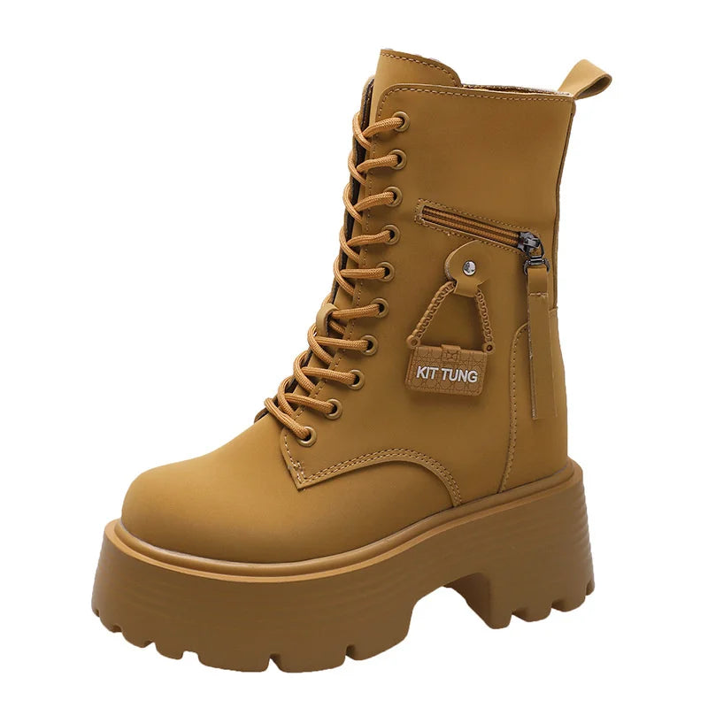 New 2023 Autumn Platform Mid-calf Boots  Women Thick Sole Winter Leather Punk Shoes Chunky Motorcycle Boots Woman