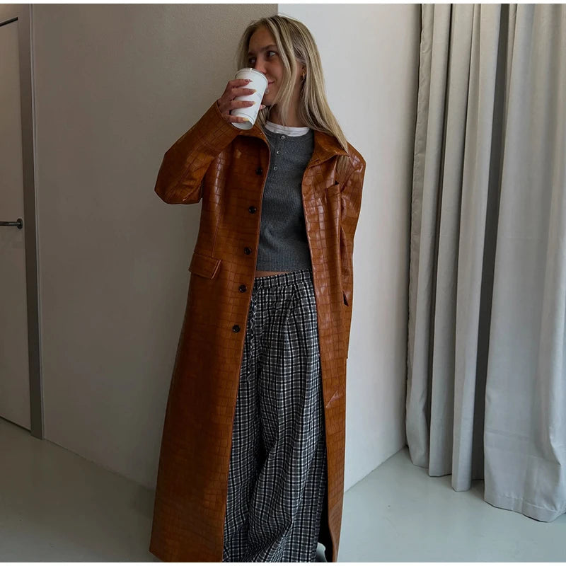 Fashion Croc Pattern PU Leather Women's Jacket Stand Collar Oversize Long Sleeve Chic Coat  2026 Autumn Winter New Daily Wear