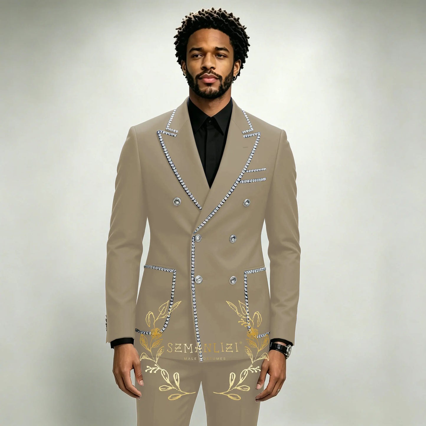 Luxury Men's Suits 2 Pieces Royal Blue Crystals Peaked Lapel Double Breasted Groom Wedding Tuxedo Wear Formal Party Prom Suits