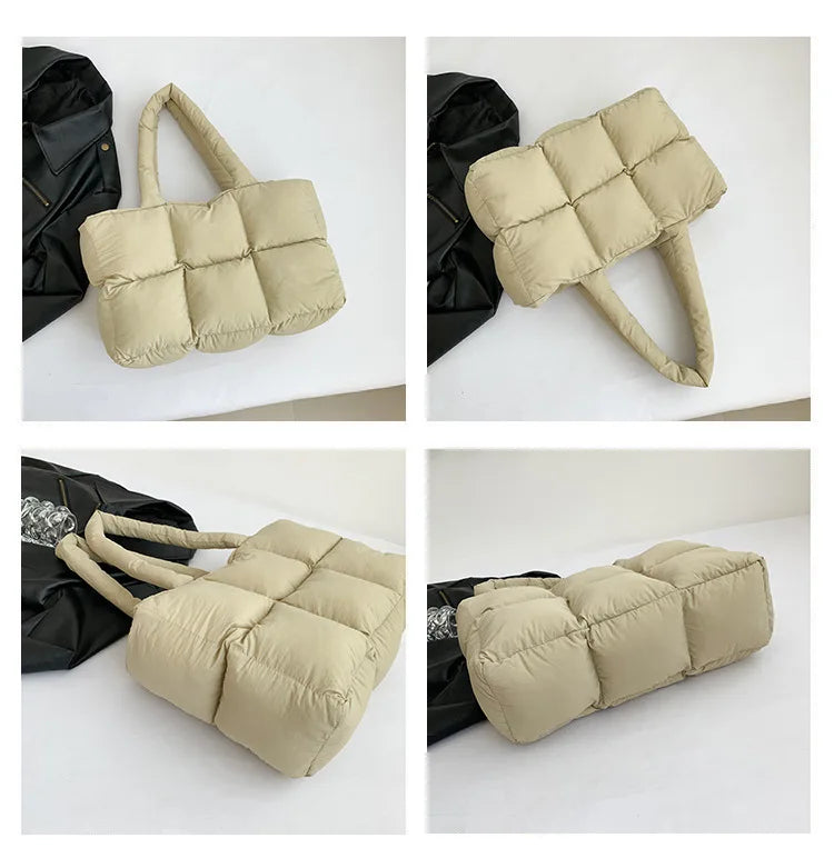 Women Tote Handbags Quilted Plaid Bag Retro Trendy Checkered Waterproof Shoulder Bag Solid Color Winter Soft Large Capacity Bags