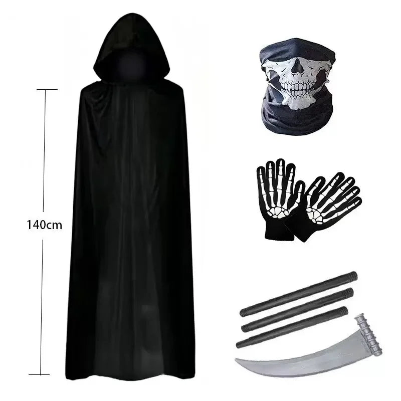 2026 Terror Stitch Halloween Party Cosplay boy Adult Death Black Cloak, Halloween Death Skull Skeleton Ball Costume Prop Set