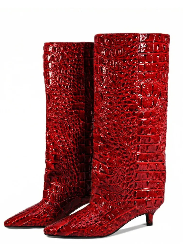 Women's Spring and Autumn New Cat Heel Wide Knee Knee Boots Fashion Pointed Women's Low Heel Mid Heeled Boots