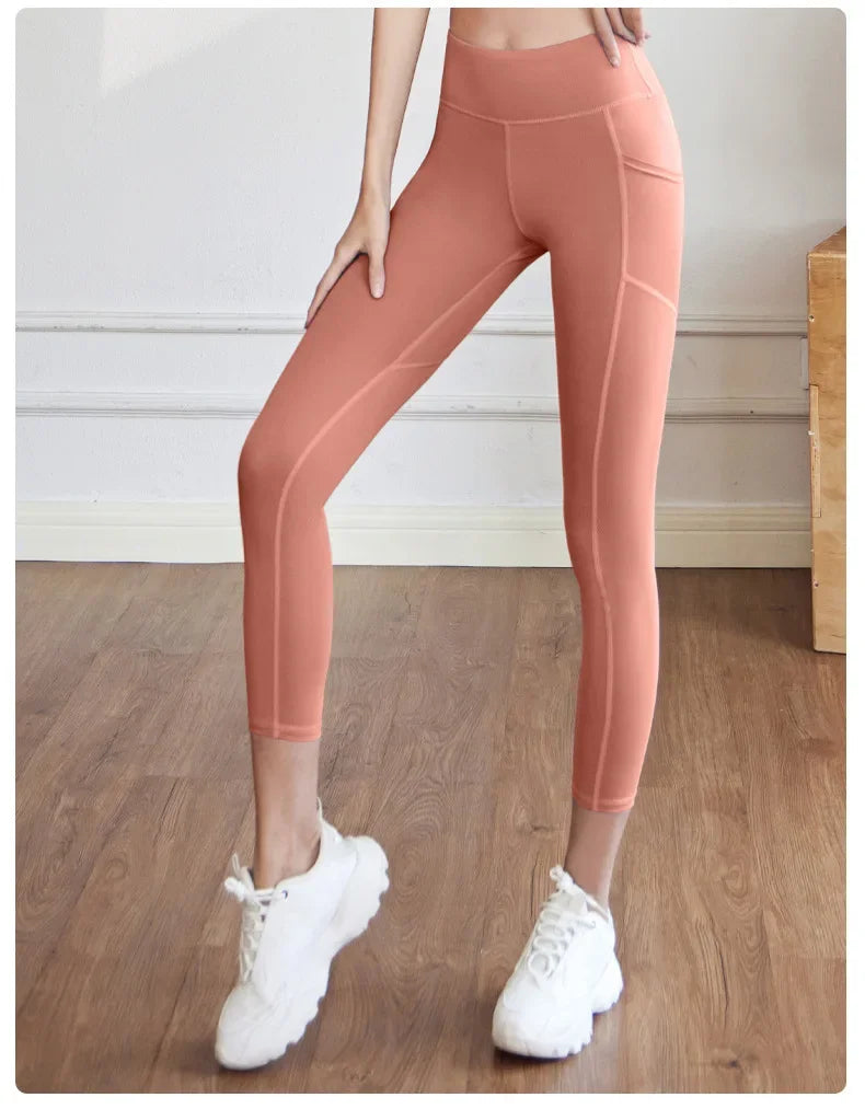 Training Leggings with Pockets for Women - High Elastic Yoga Pants Tummy Control High Waist 4-Way Stretch Gym Workout  Athletic
