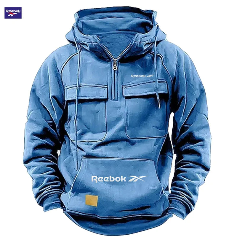 Reebok New Autumn-Winter Men's Hooded Sweatshirt, Solid Color Casual Fashion Design, Multi-Pocket Patchwork Hoodie, Men's Sweats
