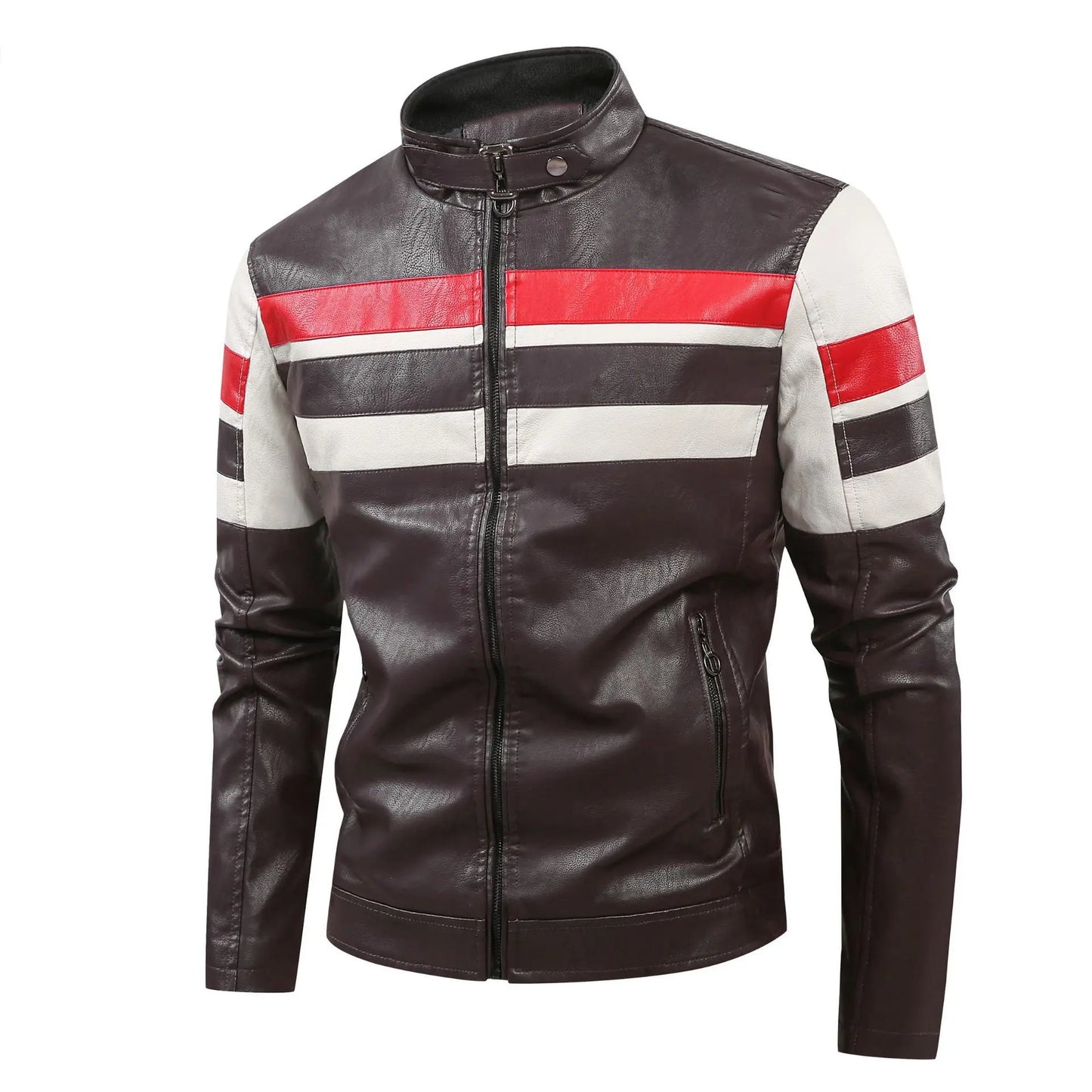 White and Red Patchwork Men's PU Jacket, Stylish Vintage Biker Faux Leather Coat, Available in Black or Brown.