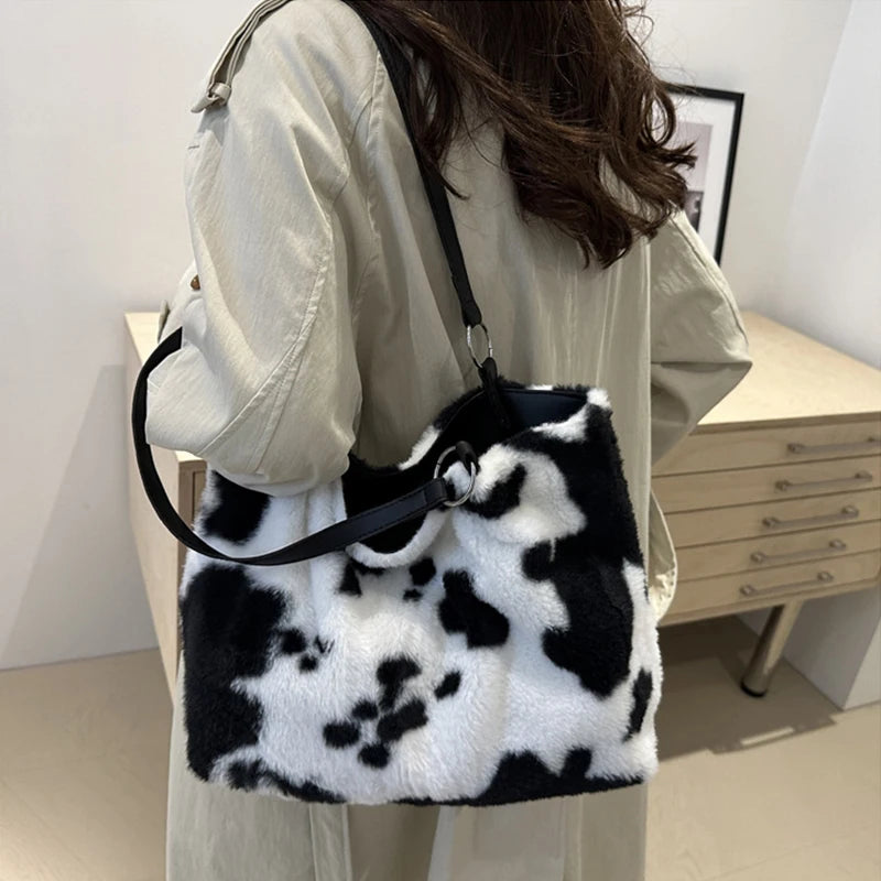 Cow Pattern Plush Shoulder Bag for Women Winter Fashion Purse Handbags Soft Warm Fur Female Casual Messenger Bags