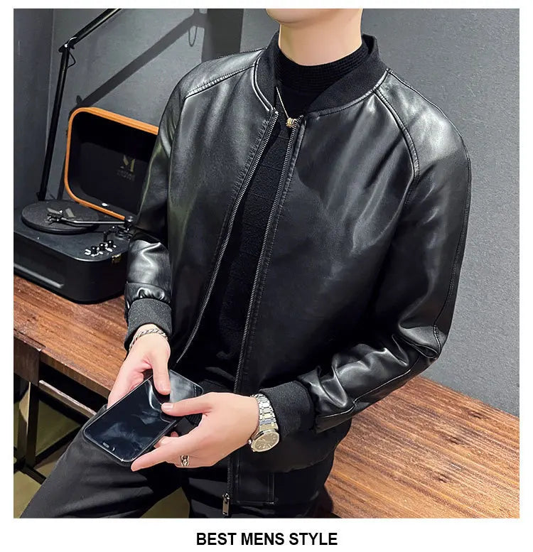 New Men's Faux Leather Jacket Motorcycle Biker Coat Stand Collar Zipper Slim Fit Casual Streetwear Outerwear