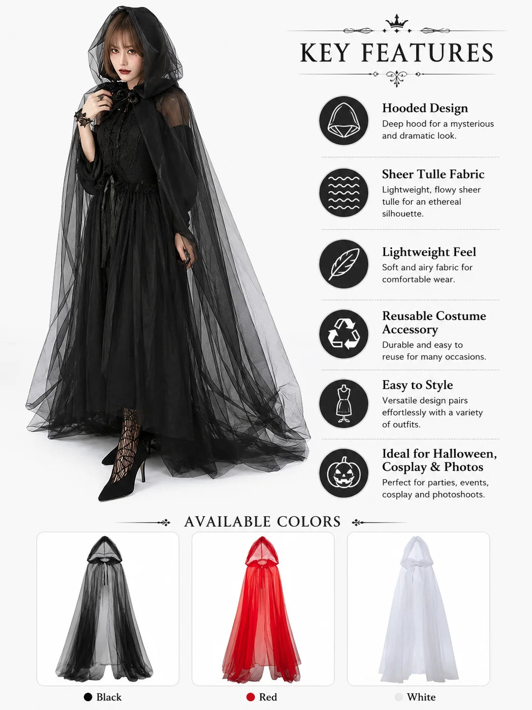 Sheer Tulle Hooded Full‑Length Cape for Women, Lightweight Flowy Gothic Cloak with Neck Tie, Halloween Witch Vampire Cosplay Costume Accessory for Fancy Dress Party Photo Shoot