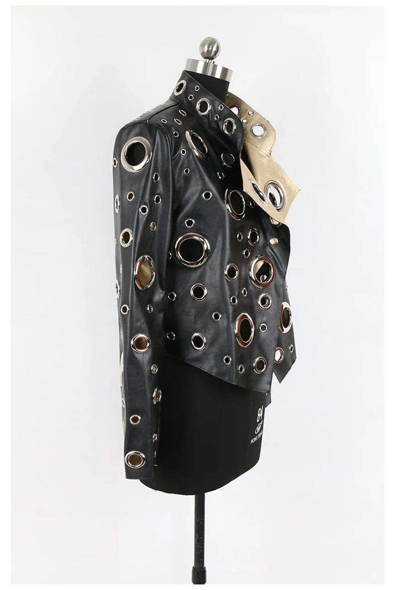 Nerazzurri Spring Autumn Short Hollow Out Pu Leather Jacket Women Rivet Cool Stylish Luxury Designer Clothes Runway Fashion 2024