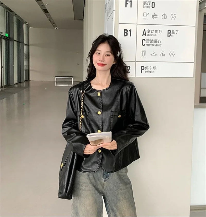 Small Fragrance Leather Jacket Women's Spring Autumn 2026New PU Leather Coat Lady Short High Sense Outerwear Popular Female Tops