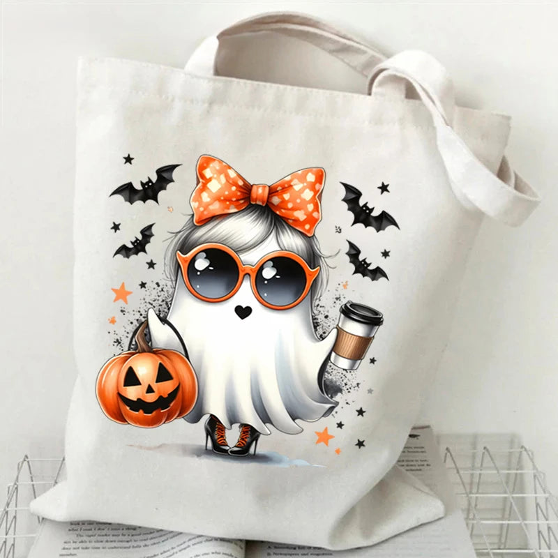 Dancing Skeleton Pattern Canvas Shoulder Bag Unisex Pumpkin Ghost Drinking Coffee Pattern Handbag Funny Halloween Women Tote Bag