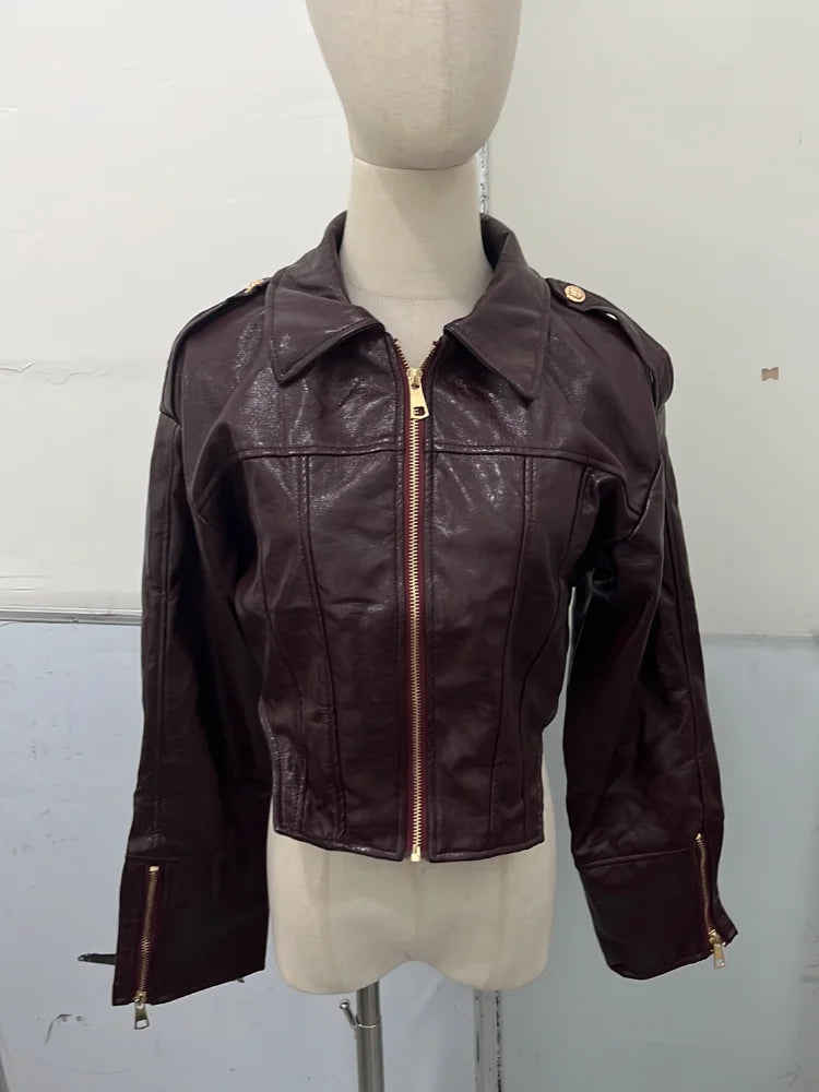 Crocodile Pattern Embossed Short Women Leather Jacket Stand Collar Zipper Long Sleeved Cropped Jackets 2026 Street Daily Outfit