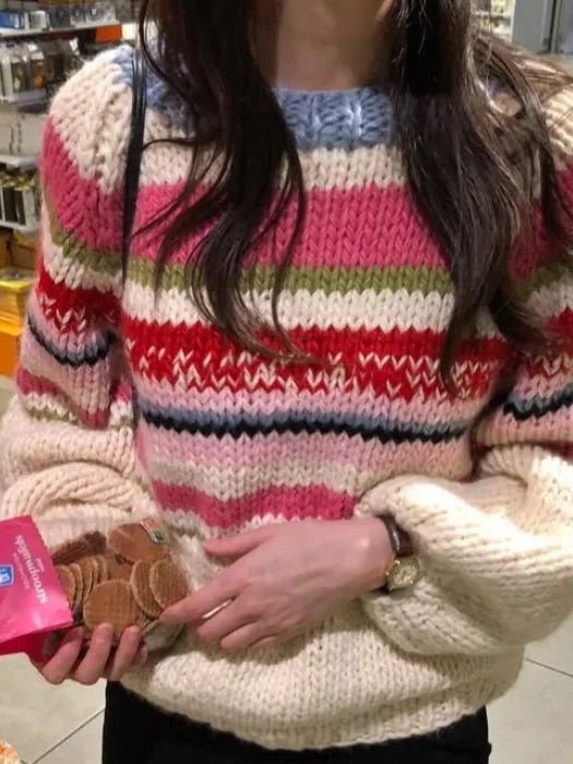 Retro Rainbow Stripes Lazy Sle Loose Knitted Sweater Women's Autumn New Faionable round Ne Top Versatile Comfortable Fit