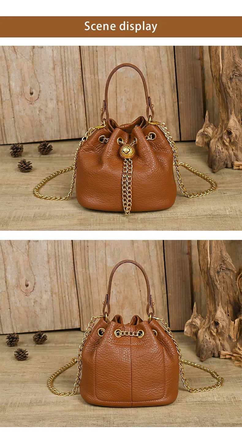 LD-Soft Leather Bag Versatile for All Seasons, Sweet and Ladylike. Top Layer Cowhide Handbag, Single Shoulder Bucket Bag
