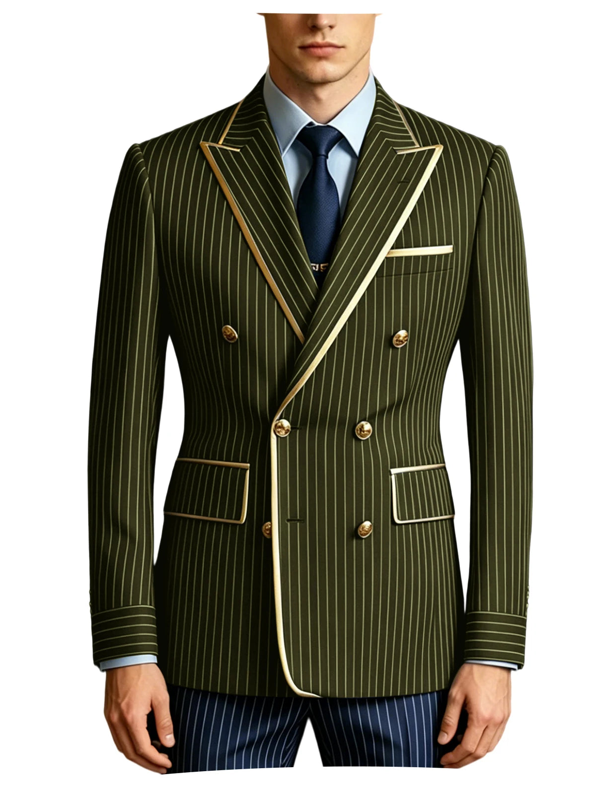 Men's Double Breasted Pinstripe Blazer Slim Fit Formal Business Suit Jacket Luxury Gold Trim  Tuxedo for Wedding Party Office