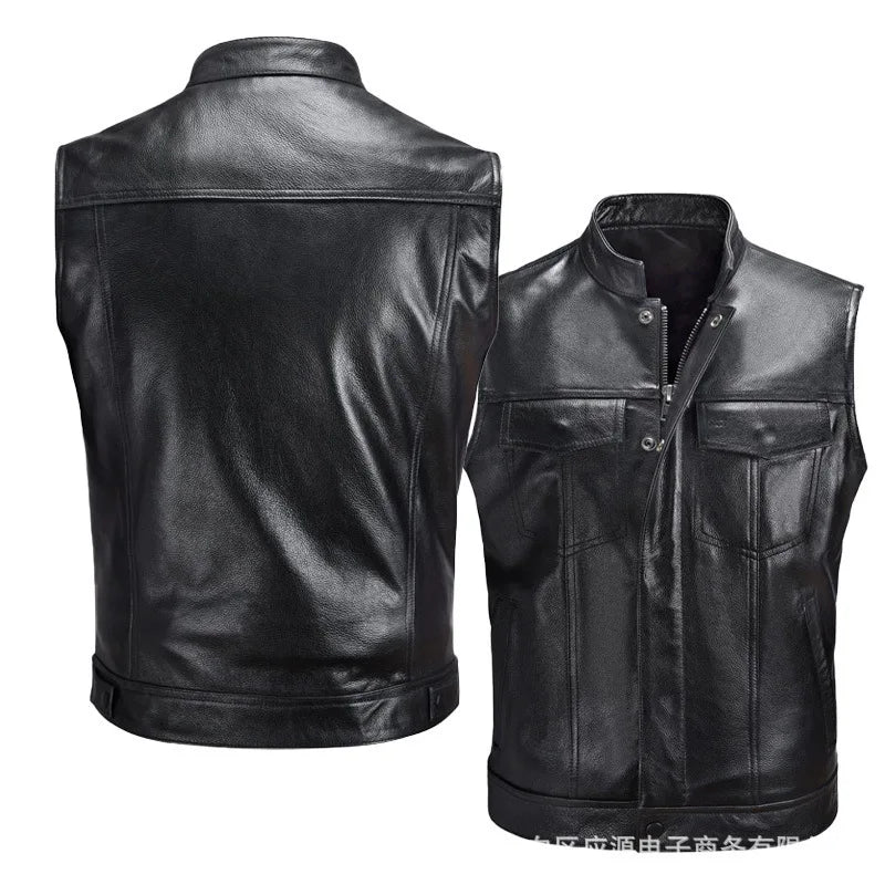 Purchase high-quality This year's trend men's leather vest stand up collar single breasted sleeveless outdoor vest punk jacket