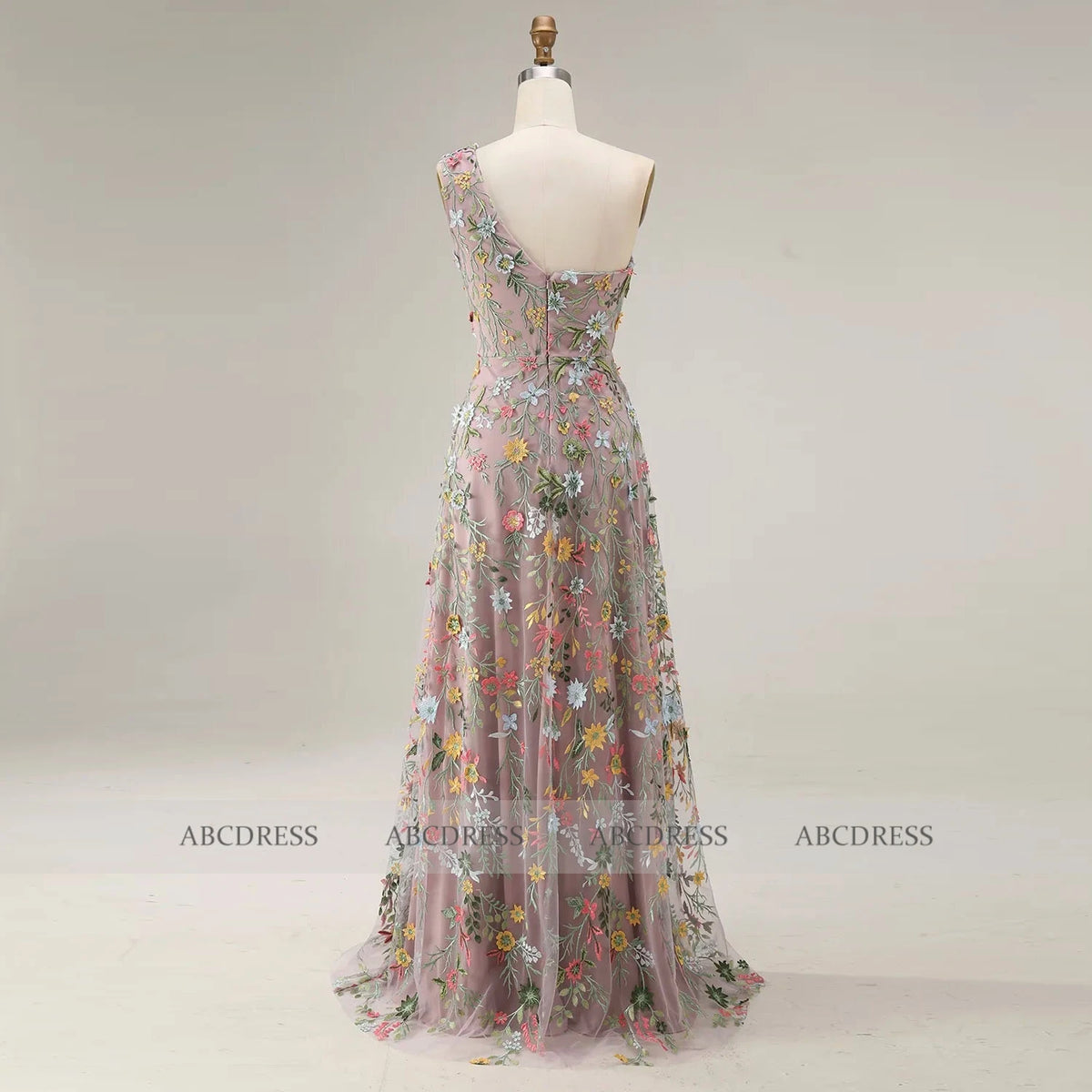 Customized Floral Embroidery Tulle Prom Dress One‑Shoulder Long Formal Evening Gown Backless Wedding Guest Dresses Plus Size