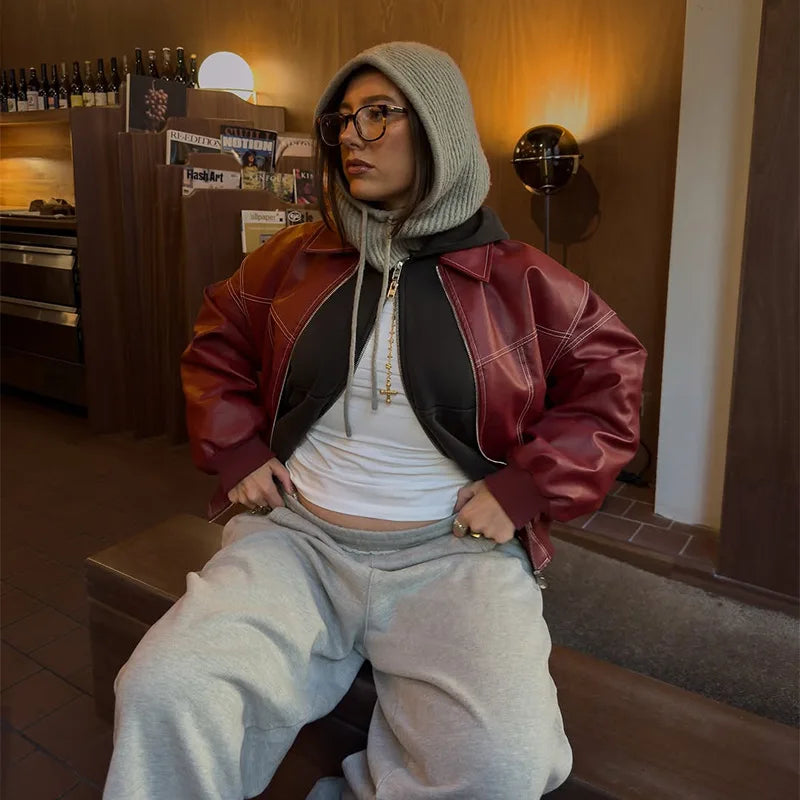 Women Stand Collar Leather Pilot Jacket Red Zipper Cropped Coat Fashion Casual Fashion Outerwear 2026 New Arrival Streetwear
