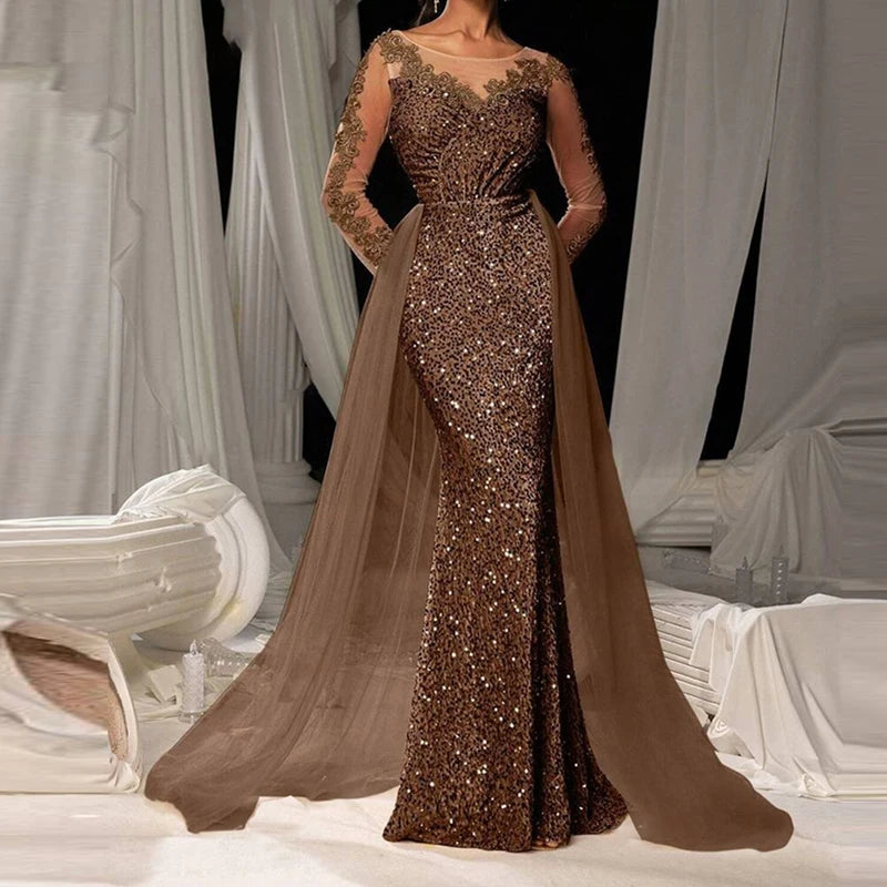 Luxury Long Sleeve Slim Dress Elegant V-neck Lace Sequin Mesh Spliced Evening Dress Fashion Solid Color High Waist Glitter Dress