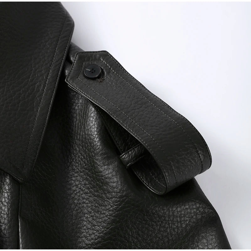 Double Breasted Lace up Long Leather Coat Woman Long Sleeves Loose Solid Color Casual Jackets Street Women's Early Autumn Coats
