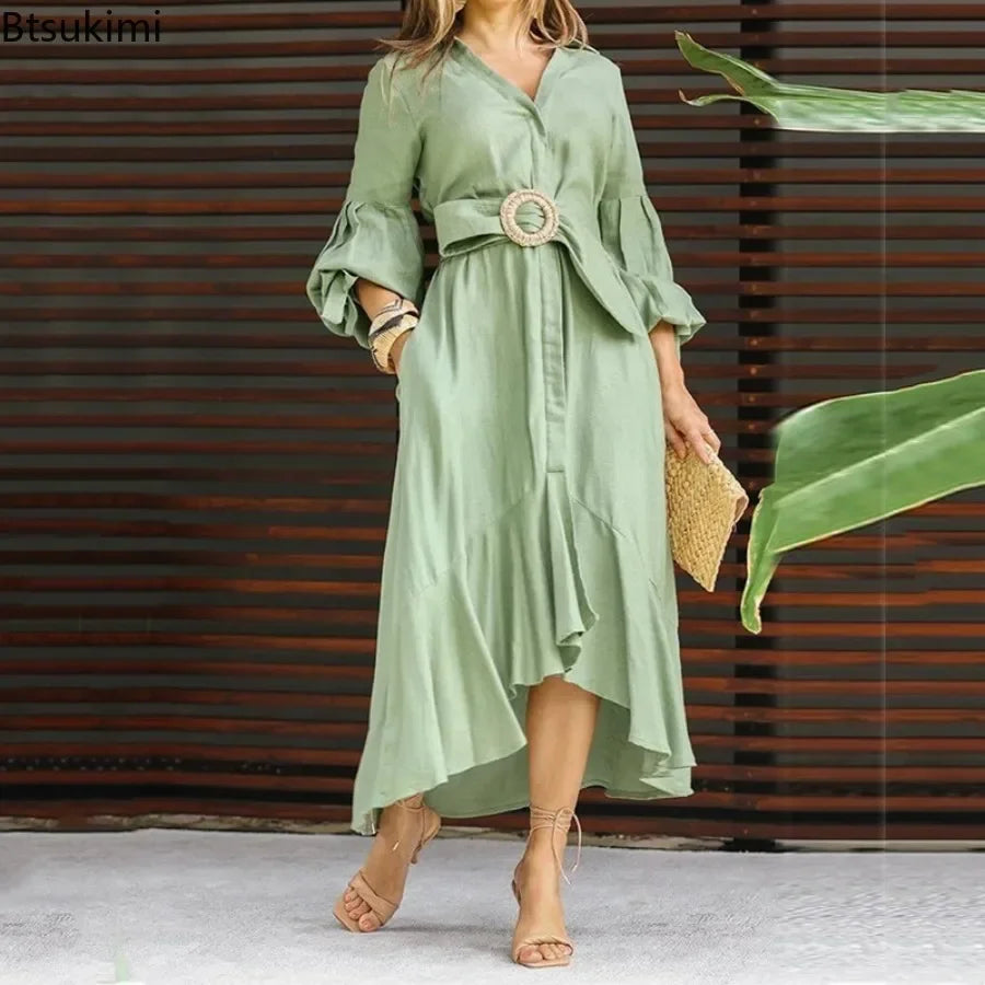 Elegant Dresses for Women Fashion Solid Lantern Sleeve Ruffle Hem Pocket Design Belt Maxi Dress Office Ladies Temperament Dress