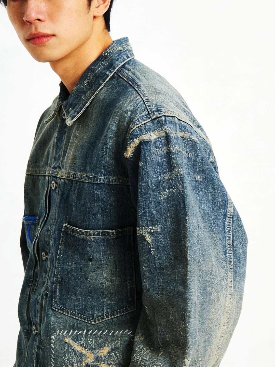 Vintage Washed Denim Jacket Loose Fit Short CleanFit Men's Jeans Coat Casual Style Button Closure Long Sleeve Cotton Jacket