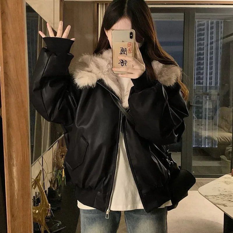 Winter Thick Warm Fleece Hooded Jacket Women Korean Fashion Loose Zipper Leather Coats Chic Full Faux Fur Lined Bomber Outerwear