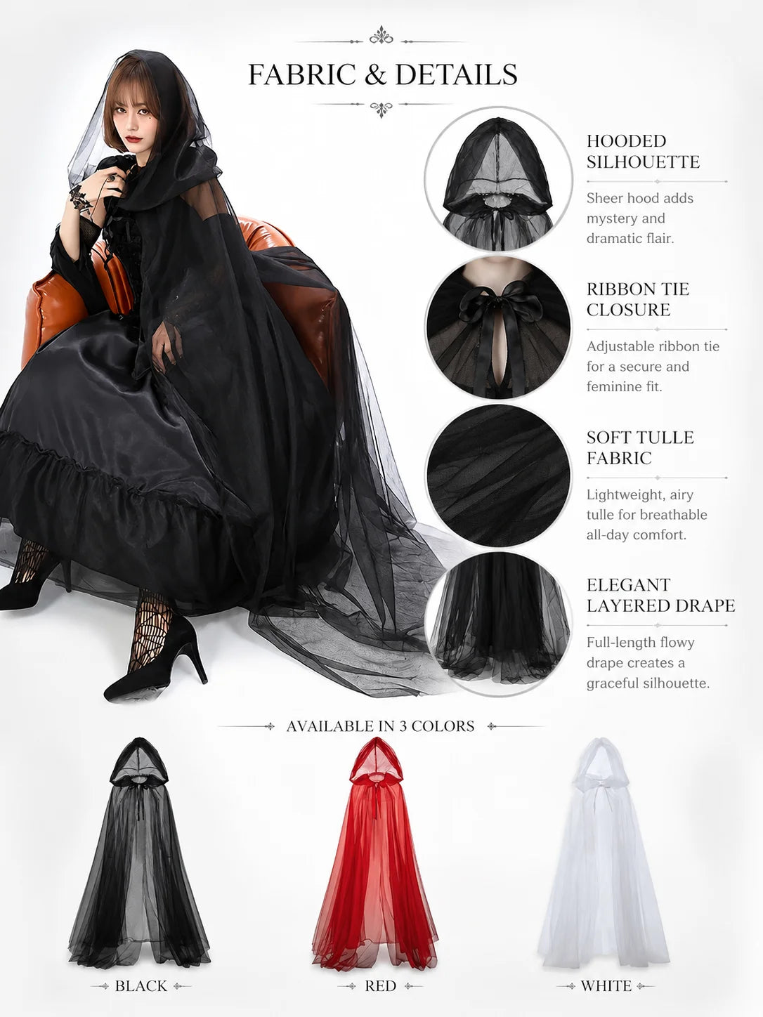 Sheer Tulle Hooded Full‑Length Cape for Women, Lightweight Flowy Gothic Cloak with Neck Tie, Halloween Witch Vampire Cosplay Costume Accessory for Fancy Dress Party Photo Shoot