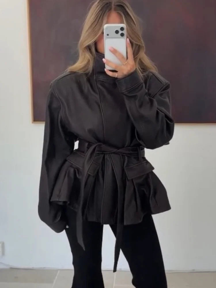 Women's Black Belted Faux Leather Jacket High Neck Long Sleeve Waist Belt Autumn Winter Peplum Jackets 2026 Street Outerwear