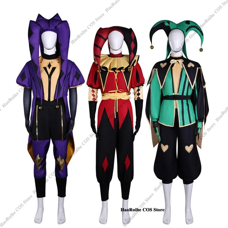 Hot The Freak Circus Pierrot Jester Harlequin Cosplay Costume Adult Clown Top Pant Wigs Joker Uniform Halloween Costume Carnival