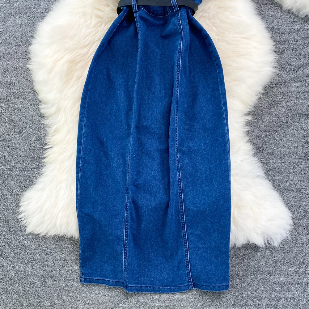 Denim Dress Women Sexy Long Dresses Vintage Vestidos A Line Sleeveless Backless Single Breasted Pockets 2025 Summer Sundress