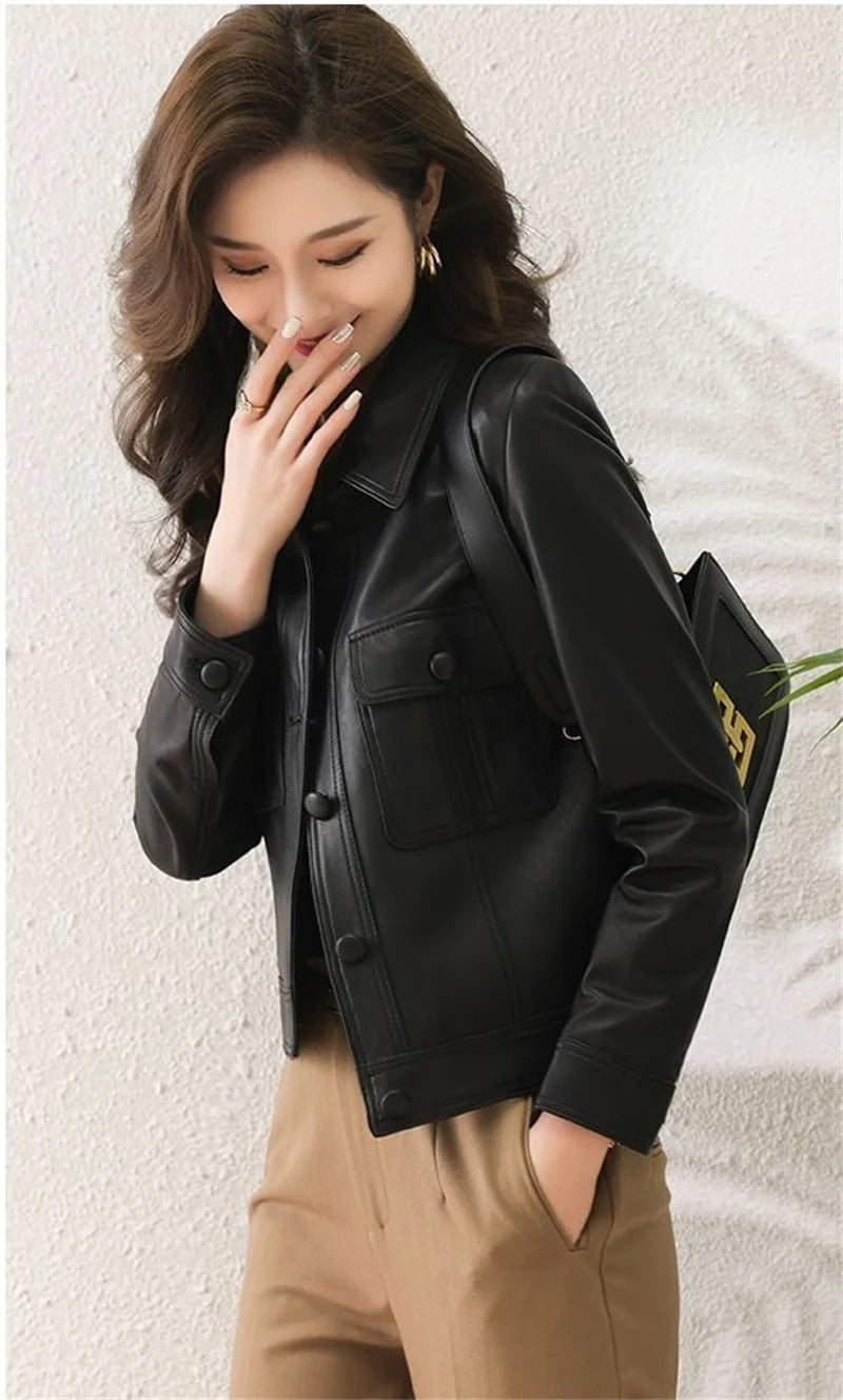 Lapel PU Leather Jacket Women 2026Spring Autumn New Coat Fashion Locomotive Goddess Overcoat High Quality Short Outerwear Female