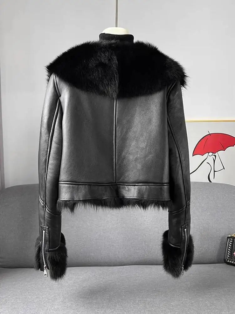 [EAM] Black Faux Fur Thick Big Size PU Leather Jacket New Lapel Long Sleeve Women Coat Fashion Tide Autumn Winter 2026 1DJ8775