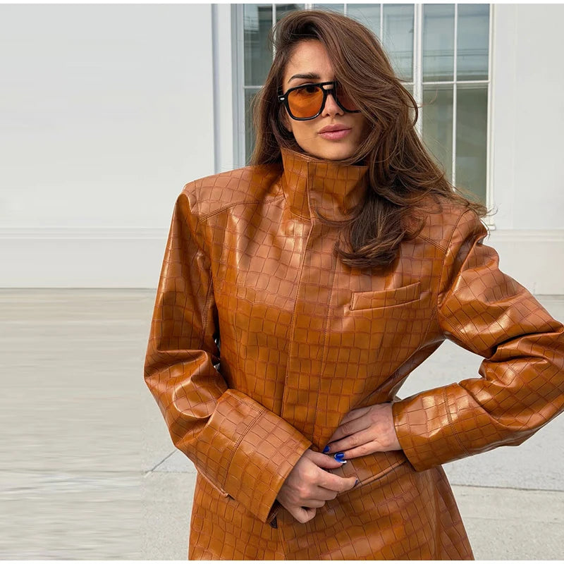Crocodile Print Faux Leather Long Women 's Winter Coats Stand Collar Single‑Breasted PU Leather Maxi Coat Streetwear Fall Winter