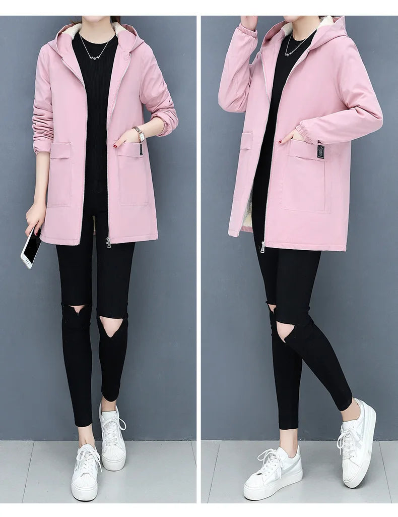 2023 Autumn Winter New Thick Warm Lamb Wool Cotton-padded Coat Women's Mid-length All-fit Loose Hooded Female Blouse