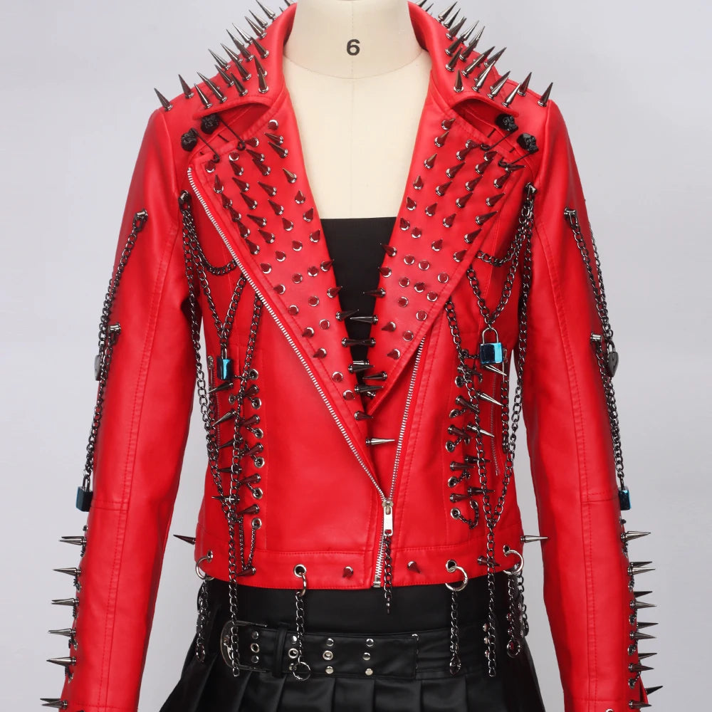Women's Red PU Leather Gothic Punk Biker Jacket with Spikes Vintage Studded Y2K Rocker Grunge Spiked Coat Emo Alt Goth Clothing