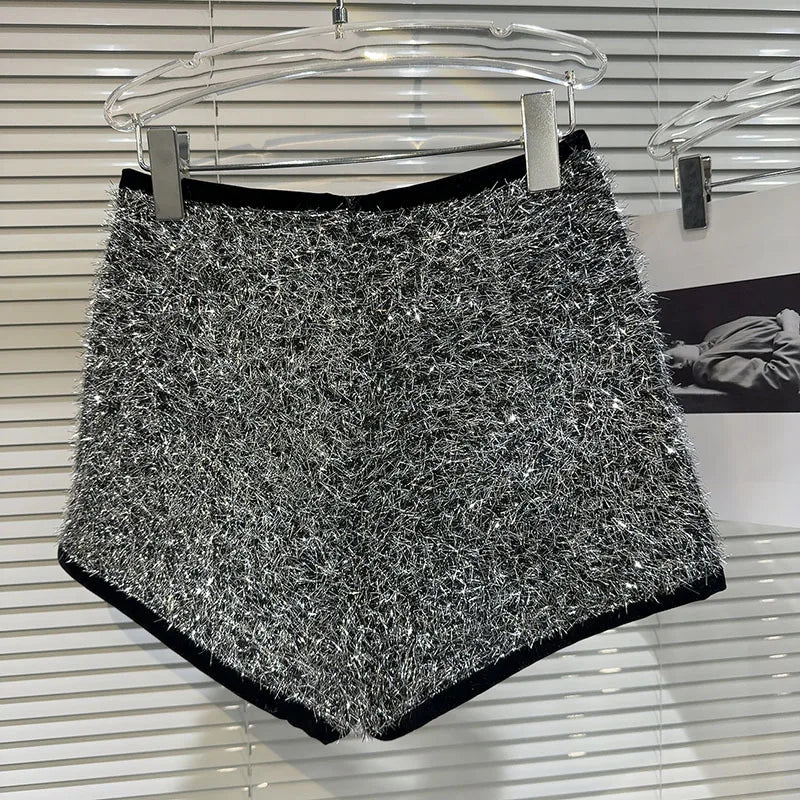 Trendy Women's Solid Color Bright Silk Woolen Shorts 2024 Autumn Fashion New Items High Waist Short Pants Female