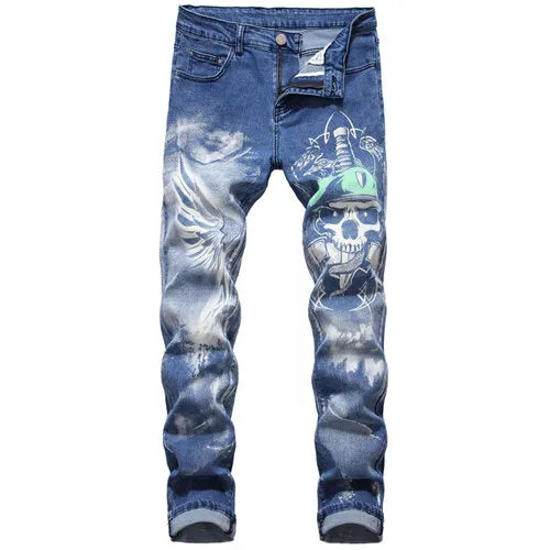 Blue Men's Jeans 3D Digital Print Stretch Denim Pants Blue Black White Trousers Men Fashion Slacks 28-34 36 38 40 42