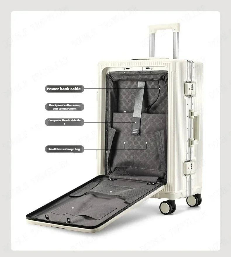 Front Opening Large Capacity Rolling Luggage Case Aluminum Frame ABS+PC Trolley Case Suitcase USB Charging Boarding Case