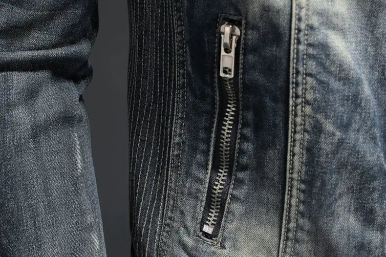 Men's Retro Denim Jacket Casual Oversized Stand Up Collar Zippered Jacket Cycling Motorcycle Coat Trend Loose Fit Top