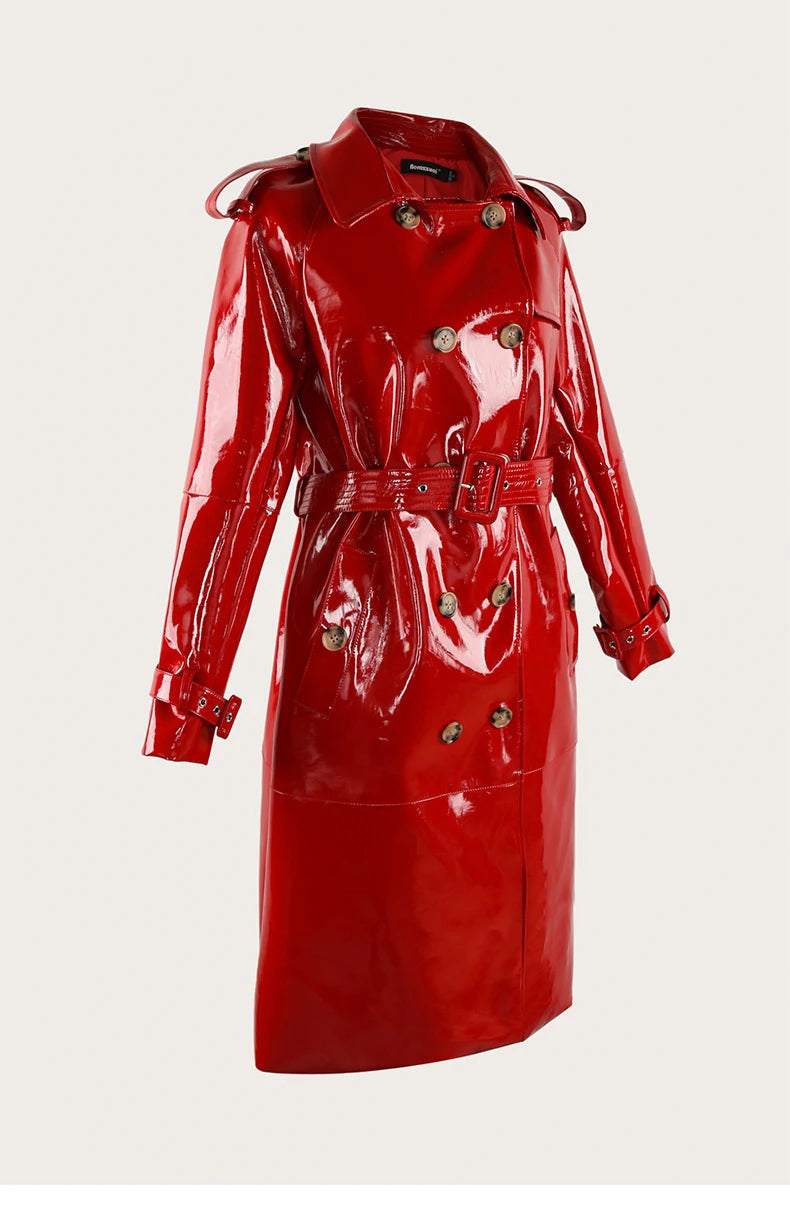 Nerazzurri Autumn Long Shiny Black Red Patent Pu Leather Trench Coat for Women Belt Double Breasted Luxury Designer Clothes 2023