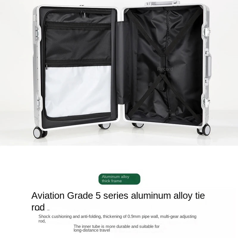 New 20'' Boarding Box Front Opening Suitcase Aluminium Frame 24/27 inch Rolling Luggage with Cup Holder Mobile Phone Holder