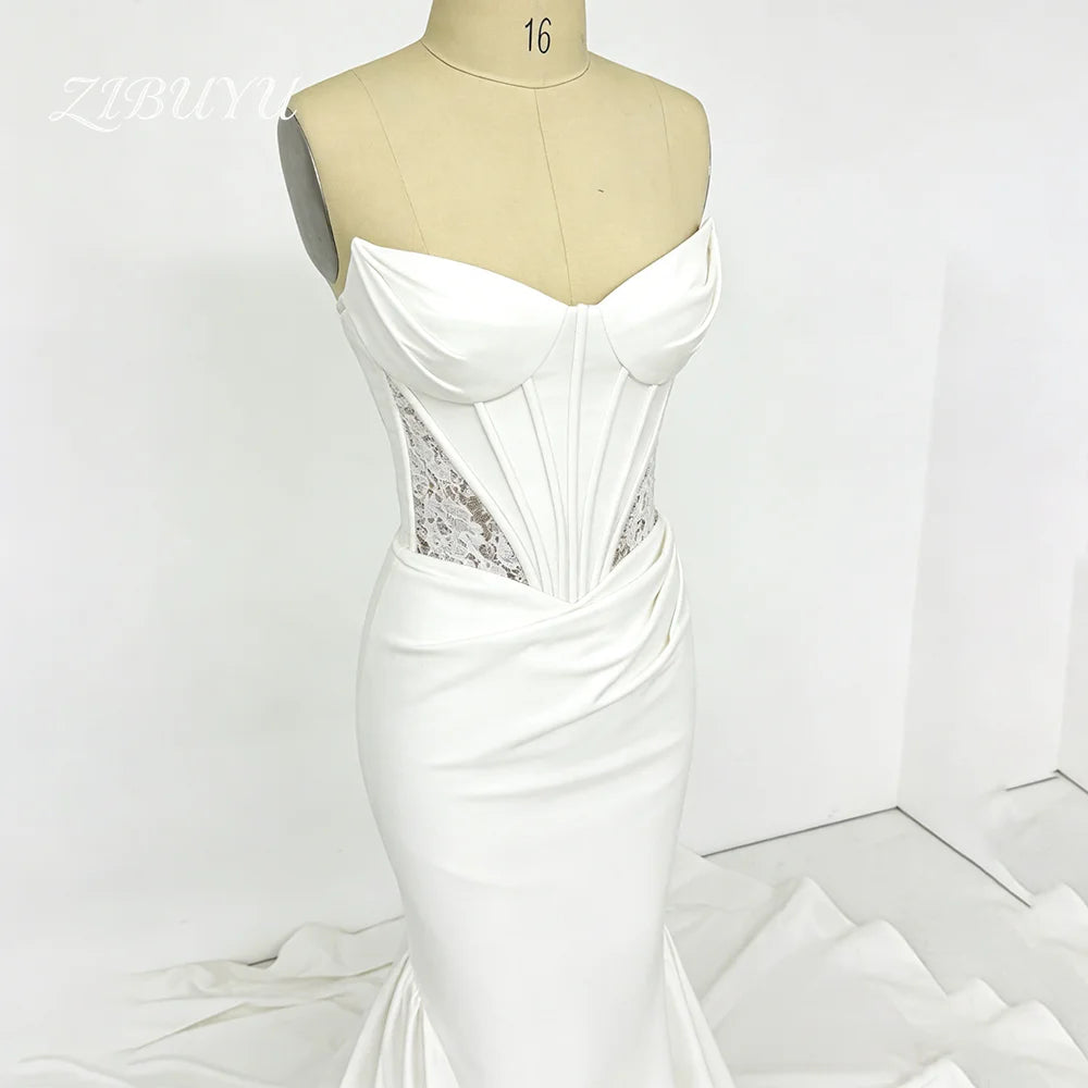 ZIBUYU Customized Luxury Wedding Dress Strapless Sleeveless Satin Sweetheart Neckline Corset Bodice Lace Mermaid Bridal Gowns