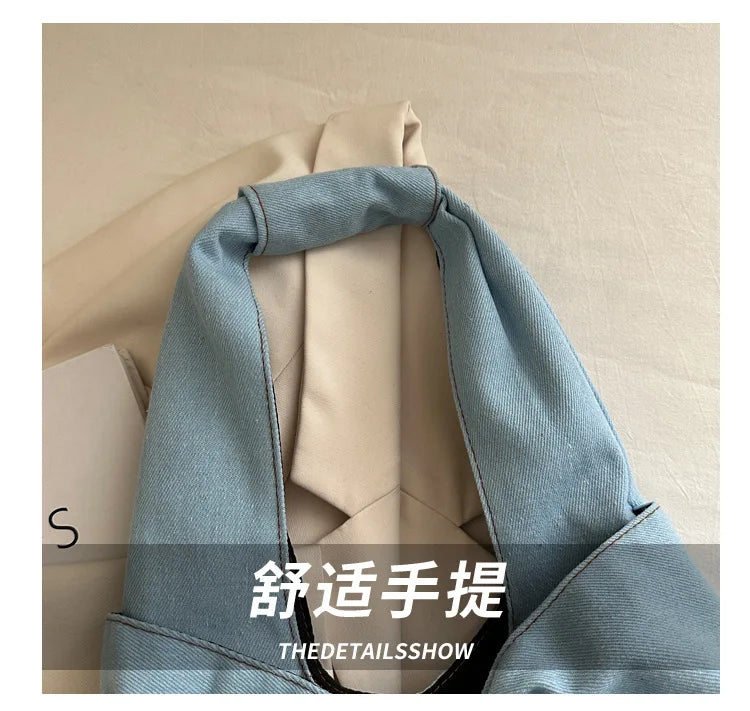 Sweet Bowknot Design Women's Denim Shoulder Bags Commuter Thread Ladies Handbags Casual Lightweight Female Underarm Tote Bag