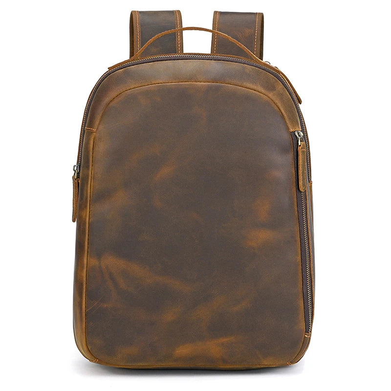Luufan Men's Retro Crazy Horse Leather Backpack Brown Genuine Leather Rucksack Brown 14 Inch Laptop School Bag